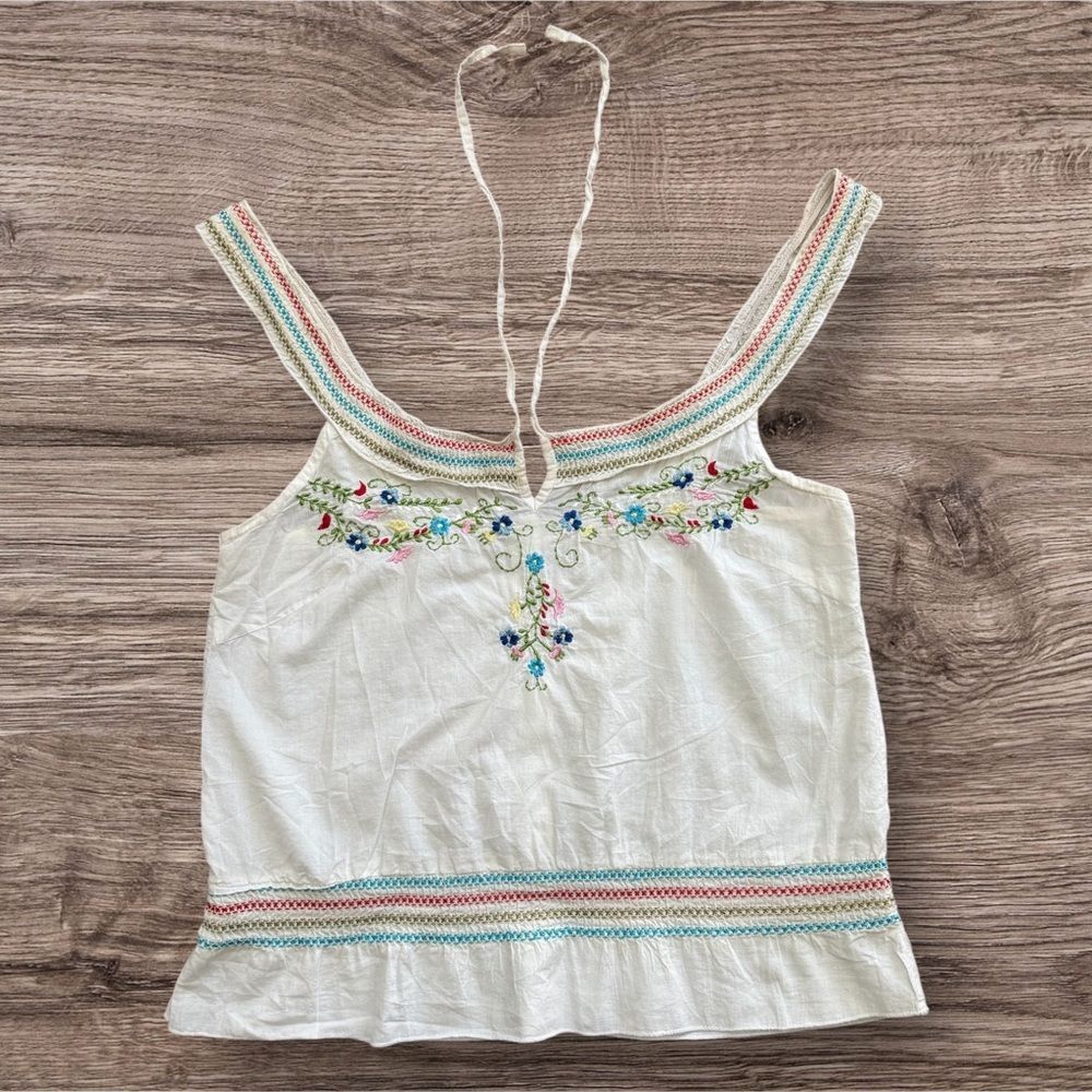 VTG XXI Forever 21 Y2K Embroidered Floral Cotton Halter Babydoll Top White L
